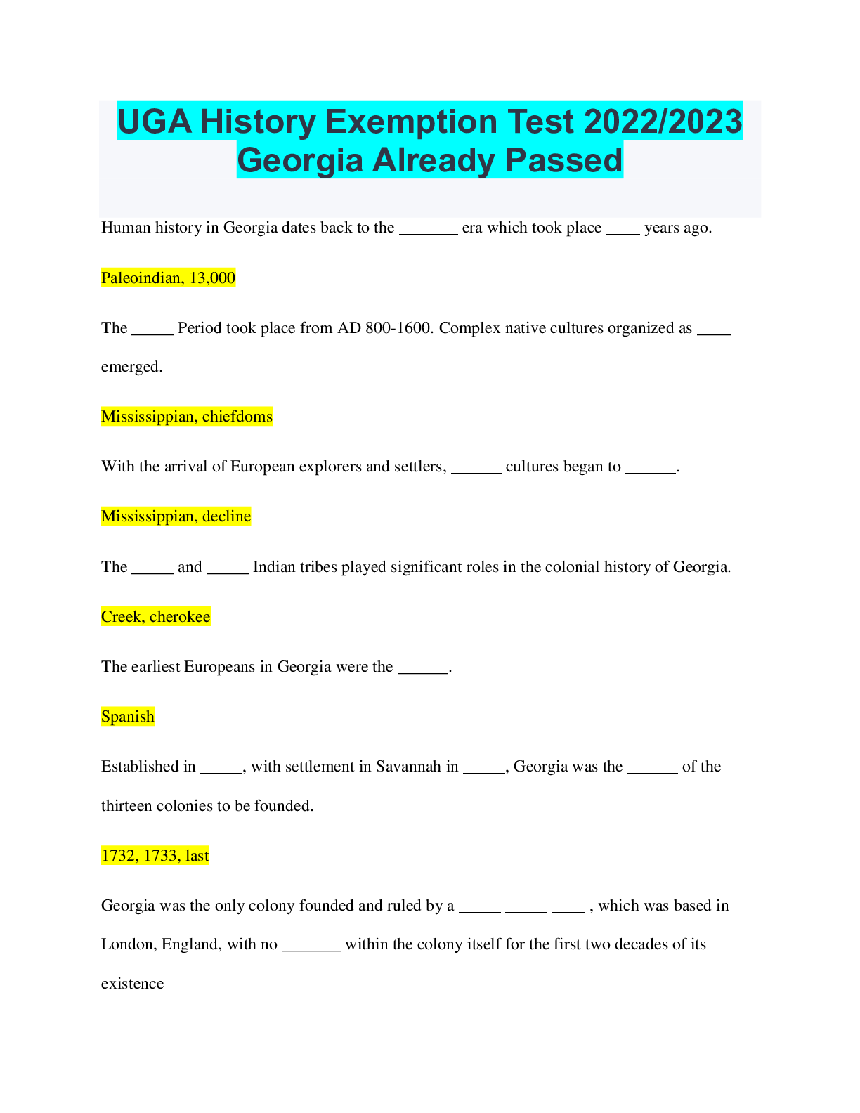 UGA History Exemption Test 2022/2023 Already Passed Browsegrades